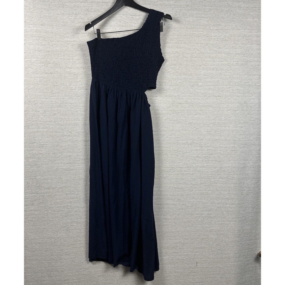 Kirundo One Shoulder Smocked Midi Dress Navy Blue Side Cutout Summer Wedding L